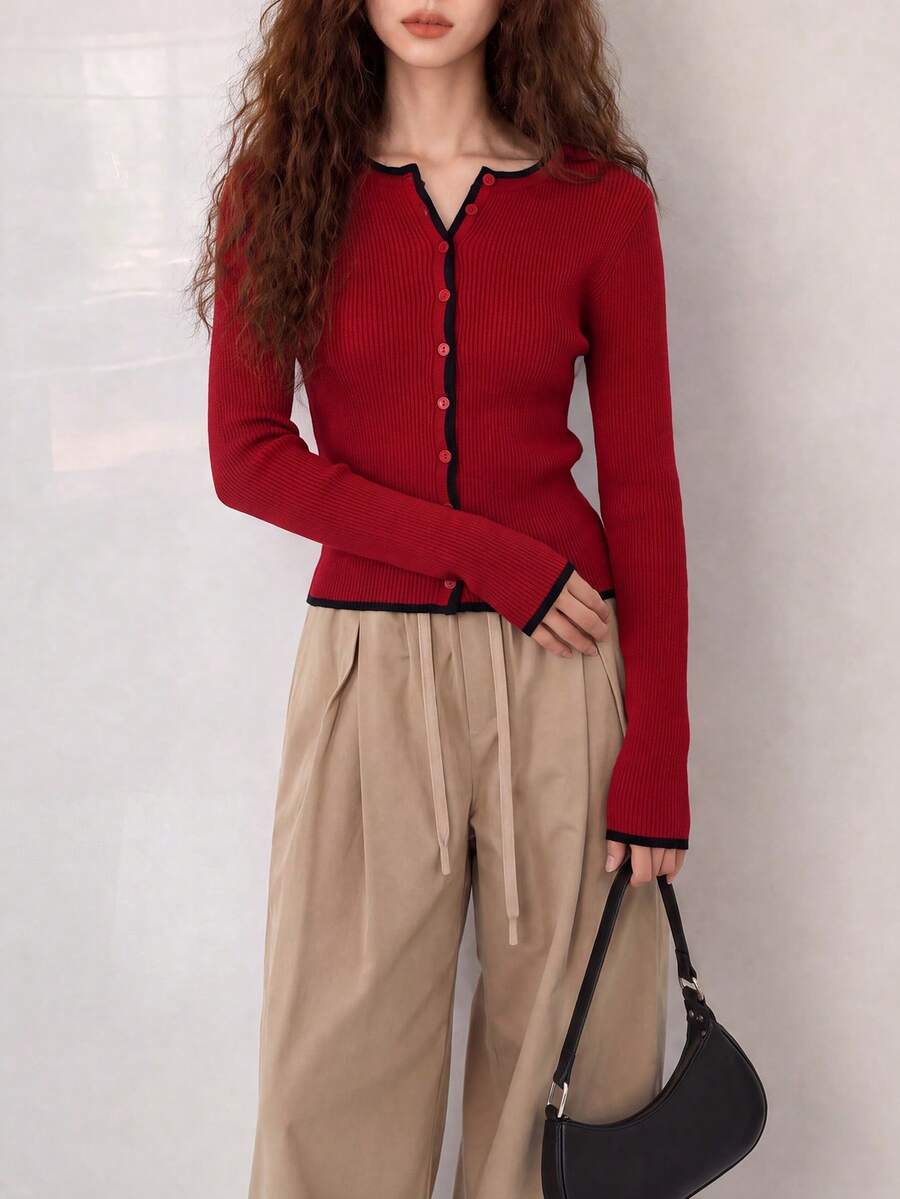 Women's Autumn/Winter Fashion Minimalist Contrast Trim Design Round Neck Cardigan Knit Sweater - Red - View 1