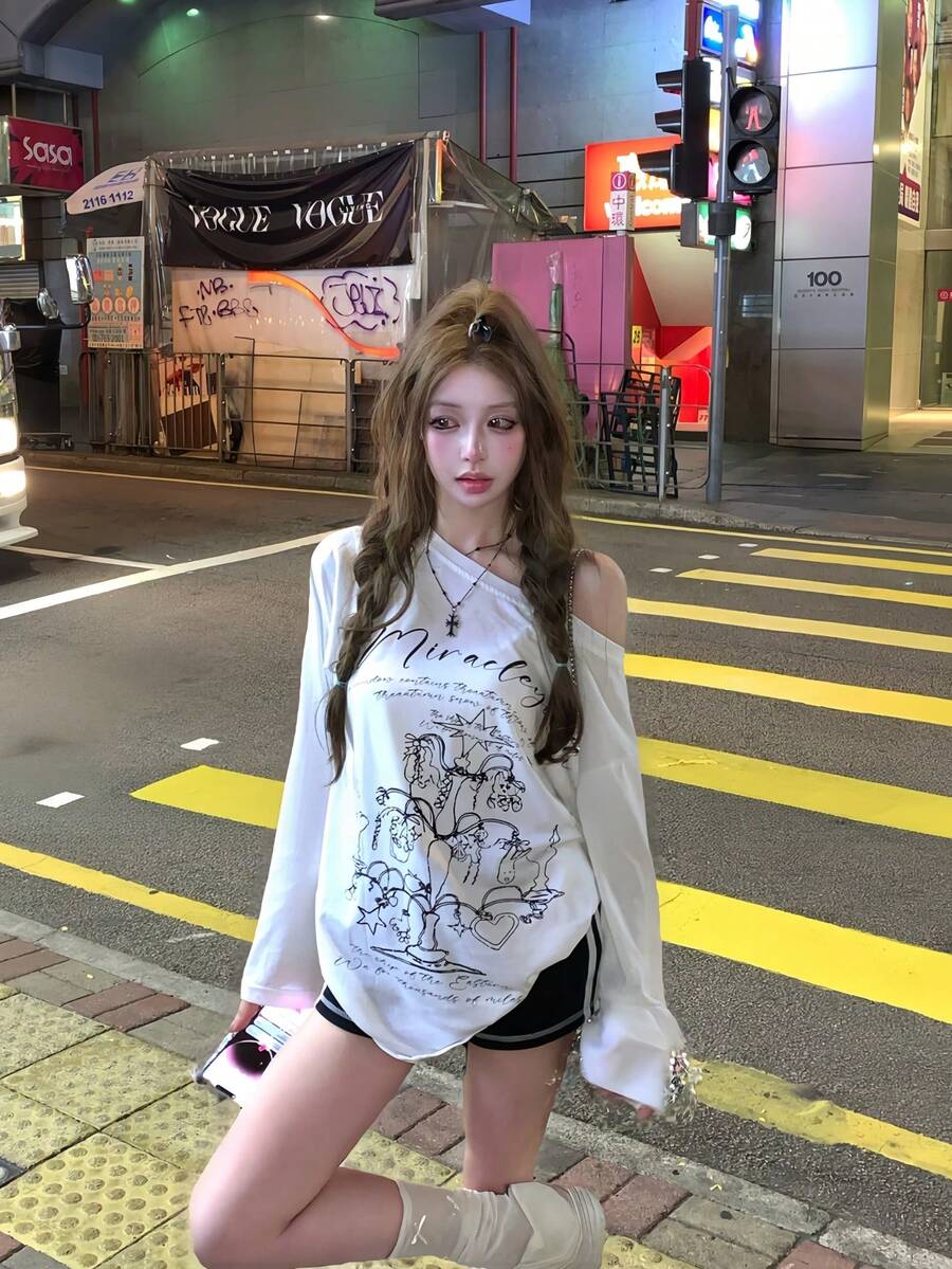 Women's White Long Sleeve Knit Drop Shoulder Top Graffiti Cover Up Long Sleeve T-Shirt Early Autumn Sun Protection Base Layer Versatile Top - White - View 1