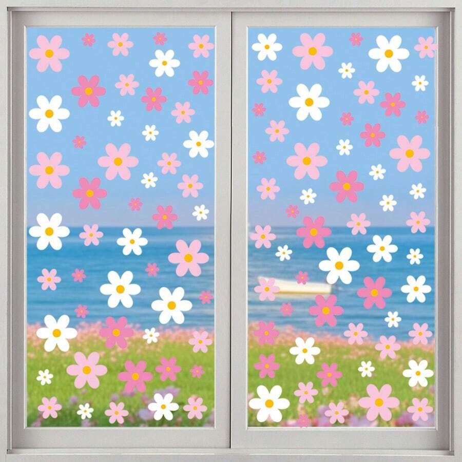 1 Set Pink & White Daisy Wall Stickers, Boho Style, PVC Material, Irregular Floral Shape, Mixed Flower Pattern Details, Removable Self-Adhesive Wall Decals, Suitable For Bedroom, Window, Cabinet And Home Wall Decoration, All-Season Home Decor - A - View 1