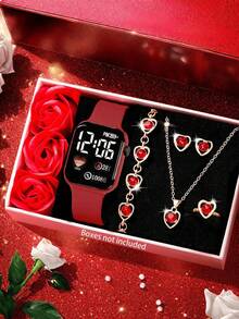 6pcs/Pink Heart-Shaped Full Jewelry Set + Astronaut/Rocket Digital Display Electronic Watch Complete Set, Sweet And Energetic, Versatile For Students And Daily Commute, One Set To Complete Your Outfit Accessories. Suitable For Parties, Dates, Outings And Various Holidays - Multicolor - View 18