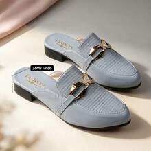 Elegant Light Blue Embossed Closed-Toe Half-Slingback Rhinestone Metal Bow Slip-On Flat Mule Shoes Preppy - Light Blue - View 7