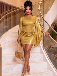Aliling Gold Shiny Metallic Fabric Cape Sleeve Fitted Bodycon Mini Dress, Front Draped Pleated Short Dress, Autumn Party, Nightclub, Club, Evening Wear, Dinner Outfits - Gold - View 4