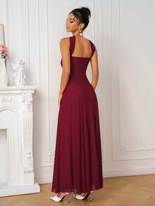 PARTHEA Elegant Burgundy Halter Tube Mesh Maxi Dress, Ruched Sweetheart Neck, Flared Hem Formal Party Evening Gown For Women - Red - View 2