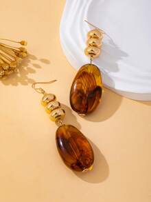 1 Pair European & American Style Beaded Patchwork Brown Resin Drop Earrings, Autumn/Winter Jewelry Gift, Versatile Exaggerated Earrings For Commute & Date, Women's - Brown - View 2