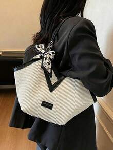 Shoulder Bag, Vertical Striped Body With Contrast Color Trim, Handheld Long Strap Design, Decorated With Silk Scarf Bow, Spacious Interior, Unique And Minimalist Style, Versatile For Commuting And Travel - White - View 2