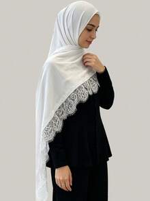 1pc Women's Solid Lace Trim Patterned Headscarf, Boho Multi-Functional Shawl, Elegant Simple Fashion Versatile, Lightweight Breathable, Daily Wear - White - View 3