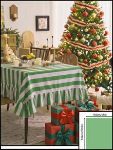 1pc Green And White Classic Wide Striped Tablecloth, Traditional Country Style, Rectangular With Scalloped Edge And Pleated Details, Stain-Resistant Protective Table Cover, Suitable For Christmas, Family Gatherings And Winter Holiday Dining Room Decor - Green - View 18