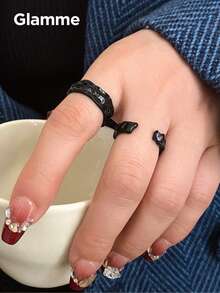 2pcs/Set Dark Style Black Textured Asymmetrical Fashion Rings, Niche Cool Open Stackable Rings - Black - View 1