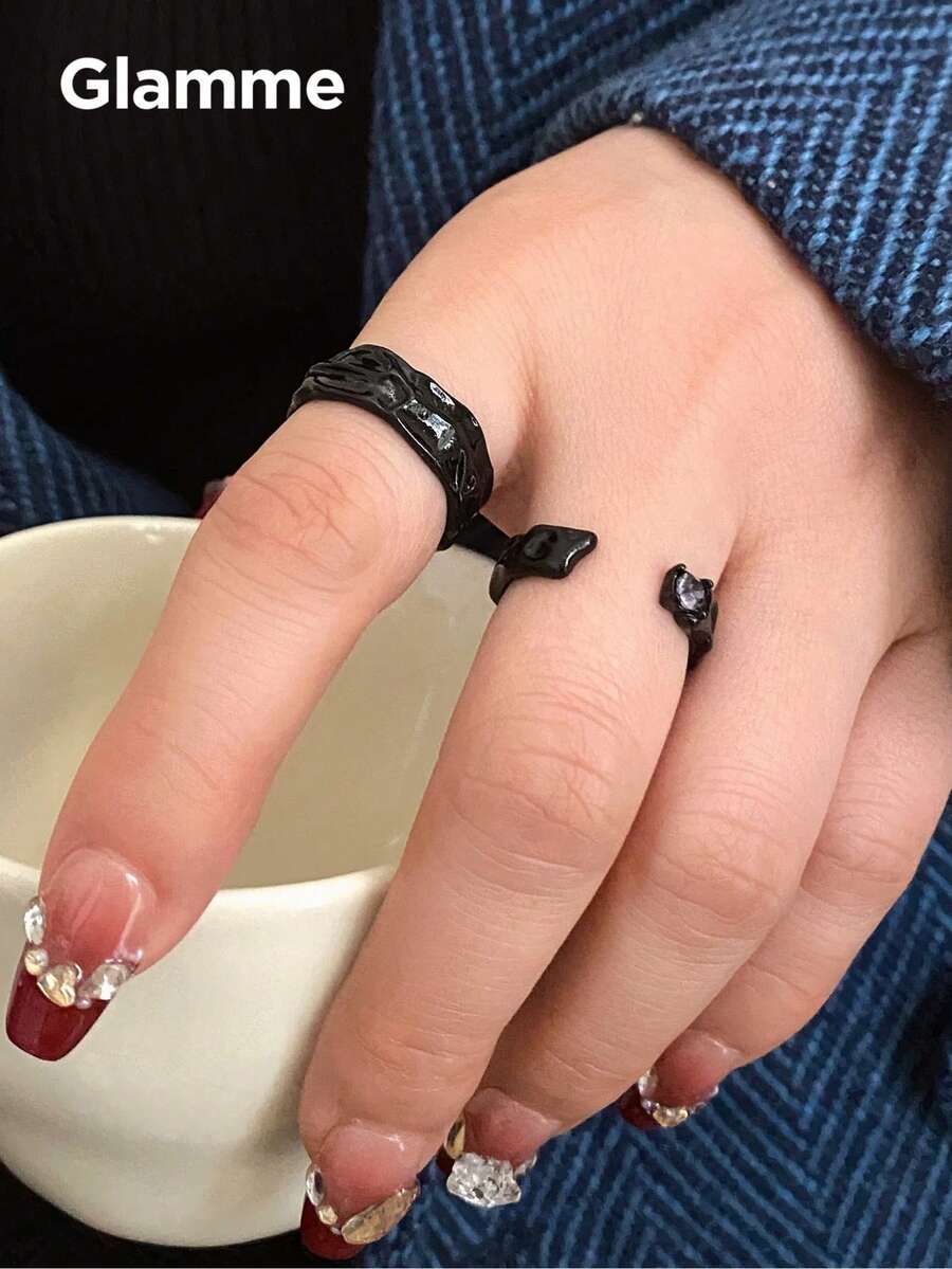 2pcs/Set Dark Style Black Textured Asymmetrical Fashion Rings, Niche Cool Open Stackable Rings - Black - View 1