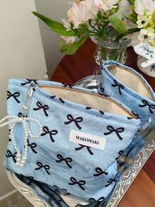 1pc Blue Bow Makeup Bag, Foldable Large Capacity Cosmetic Storage Bag With Smooth Zipper, Portable Personalized Toiletry Bag, Cool Aesthetic Design Storage Bag, Perfect For Autumn/Winter Style, Gift For Girlfriend, Bride, Bridesmaid - Blue Bow - 1pcs (No Pendant) - View 8