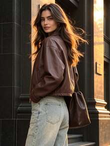 Women Fall Collared Zip‑Up Jacket, Long Sleeve Pocketed Cropped Vintage Short Outerwear Coat - Brown - View 2