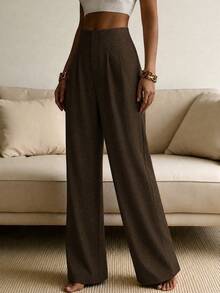Women's Solid Color Wide Leg Straight Casual Pants, Minimalist Business Versatile Commuter Trousers Spring Brown, Work To Weekend - Brown - View 4