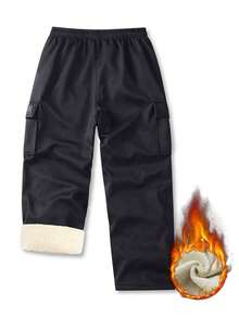 Men's Wool Lined Cargo Jogger Pants, Multi-Pocket Elastic Waist Drawstring Pants, Casual Outdoor Pants, Suitable For Winter Use - Black - View 3