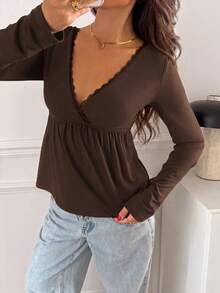 SCARLUX Autumn/Winter Y2K Women's Brown V-Neck Long Sleeve Knit Top, Suitable For Back To School, Street, Commute And Home Comfort Wear - Brown - View 2