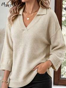 Plus Size Women Fall Winter Lapel V-Neck 3/4 Sleeve Pullover Sweater, Elegant Loose Knit Top For Commute & Datee - Beige - View 3