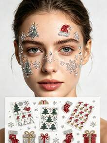 2/1pc Christmas Self-Adhesive Rhinestone Gem Stickers, Christmas Hat, Christmas Tree, Sock Shaped Crystal Stickers, DIY Face Nail Art Makeup Decoration, Holiday Party Handmade Decorative Stickers - Multicolor - View 1