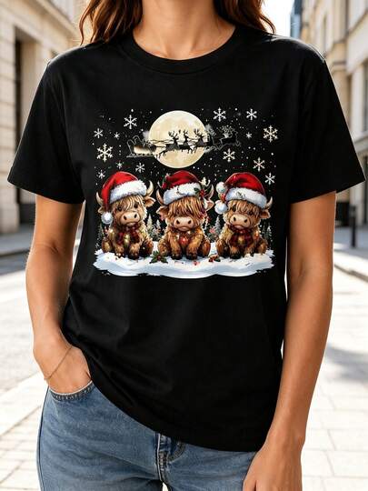 Women's Black T-Shirt, Cute Highland Cows In Santa Hats With Snowflakes And Moon, Christmas Hot , Gift For Women Girls Friends Family