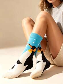 1 Pair Diving Penguin Jacquard Mid-Calf Socks, Fun Cartoon Design, Comfortable & Versatile - Multicolor - View 4