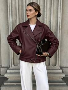 Women's Streetwear Solid Color Leather Short Jacket, Autumn/Winter,Black/Brown/Burgundy Jacket,Winter Jacket For Women - Burgundy - View 5