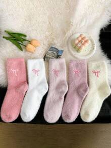 5 Pairs Soft Plush Embroidered Bow Short Socks, Warm Thermal Lined Comfortable Home Sleep Socks, Sweet Macaron Color Girls Daily Wear Socks - Multicolor - View 8