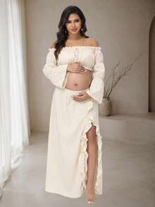 JustVH Maternity 2-Piece Set Off-Shoulder Bell Sleeve Top & Ruffle Slit Skirt, Suitable For Beach Photos And Baby Shower Party - Apricot - View 1