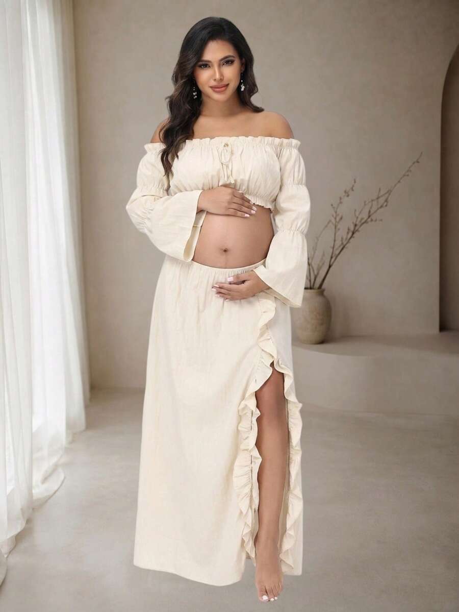 JustVH Maternity 2-Piece Set Off-Shoulder Bell Sleeve Top & Ruffle Slit Skirt, Suitable For Beach Photos And Baby Shower Party - Apricot - View 1