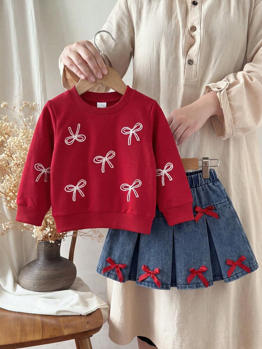 Baby Girl Fashion Bow Pattern Print Crew Neck Long Sleeve Sweatshirt And 3D Bow Decor Ruched Denim Skirt Set - Red - View 1