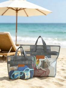 1pc Beach Mesh Tote Bag, Foldable Breathable Large Capacity Toiletry Storage Travel Handbag, Transparent Storage Bag, Multi-Functional Storage Bag, Mother And Baby Supplies Storage Bag - Multicolor - View 1