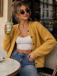 JIANHU Women's Casual Mustard Yellow Round Neck Fuzzy Knit Cardigan Sweater, Long Sleeve Loose Fit Front Button Top, Soft And Comfortable For Autumn/Winter Vacation Wear - Yellow - View 4