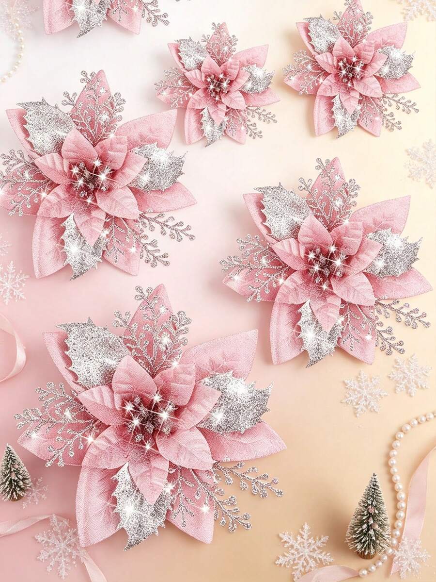 15 Sets Christmas Poinsettia Glitter Artificial Flowers, 5.7 Inch Christmas Tree Flowers With Clips, Suitable For Wreath Decoration, Christmas Decoration, Christmas Tree Decoration, Wedding, Party, Home Decor - Pink - View 1