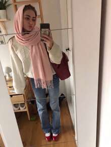 1件女款極簡純色羊絨圍巾，休閒百搭流蘇保暖披肩，時尚防寒外套，適合日常穿著 - 粉色 - 查看 5