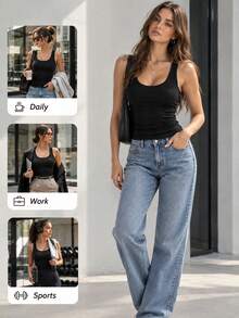 Solid Color U-Neck Ribbed Tank Top With Built-In Pads, Wide Strap Slim Fit Sleeveless Basic Top, Casual Everyday Home Inner Wear Camisole - Black - View 4