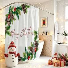 1件裝聖誕莓果花卉與Merry Christmas圖案浴簾，復古設計，防水，適用於浴缸隔簾，浴室裝飾與配件，聖誕裝飾，居家裝飾禮品，附12個掛鉤 - 彩色 - 查看 4
