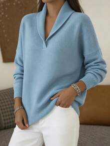 Women's Fashion Elegant Solid Color Pullover Sweater With Turn-Down Collar, Autumn/Winter - Baby Blue - View 5