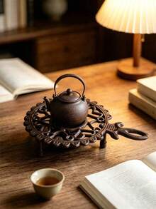 1pc Vintage Cast Iron Teapot Warmer, Hollow Scroll Pattern, Portable Metal Stove Rack, Suitable For Coffee Pots And Small Kitchen Utensils, Desktop Candle Heating Stand, Heat-Resistant Hot Plate Rack, Home Kitchen Decor, Suitable For Dining Table Countertop - View 8