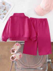 Baby Girl Cartoon Heat Transfer Print Solid Color Sportswear Set, Simple Design, Comfortable For Spring, Autumn, Winter, 2 Pieces Outfit - Hot Pink - View 2