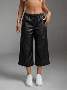 SCARLUX Women's Y2K Black Faux Leather Wide Leg Cropped Pants, Drawstring Elastic Waist, Suitable For Back To School Season Daily Streetwear - Black - View 2