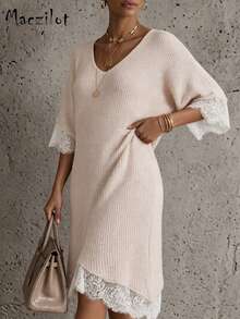Plus Size Women Fall Winter 5/4 Sleeve Knit Midi Dress, V Neck Lace Splicing Elegant Loose Sweater Dress For Commute & Date - Baby Pink - View 4