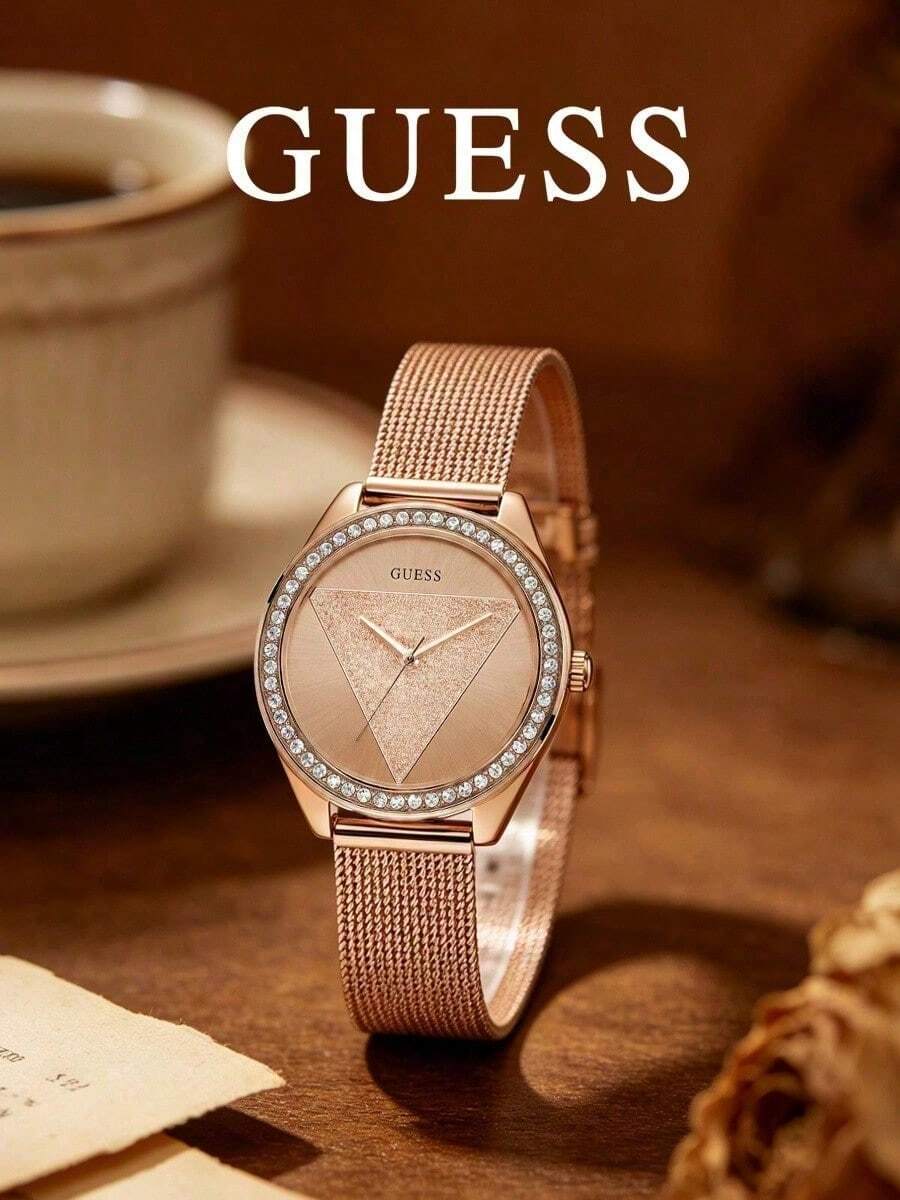 GUESS Gentle Rose Gold Women's Watch With Rhinestone Bezel, Fine Mesh Steel Band, Niche Luxury Casual Wristwatch - Rose Gold - View 1