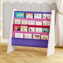 Sling Bookshelf For Kids, Childrens Bookcase For Kids Room, 4-Tier Toddler Book Shelf Organizer, Easy Access Child Book Storage Rack For Nursery - Pink+Purple - View 1