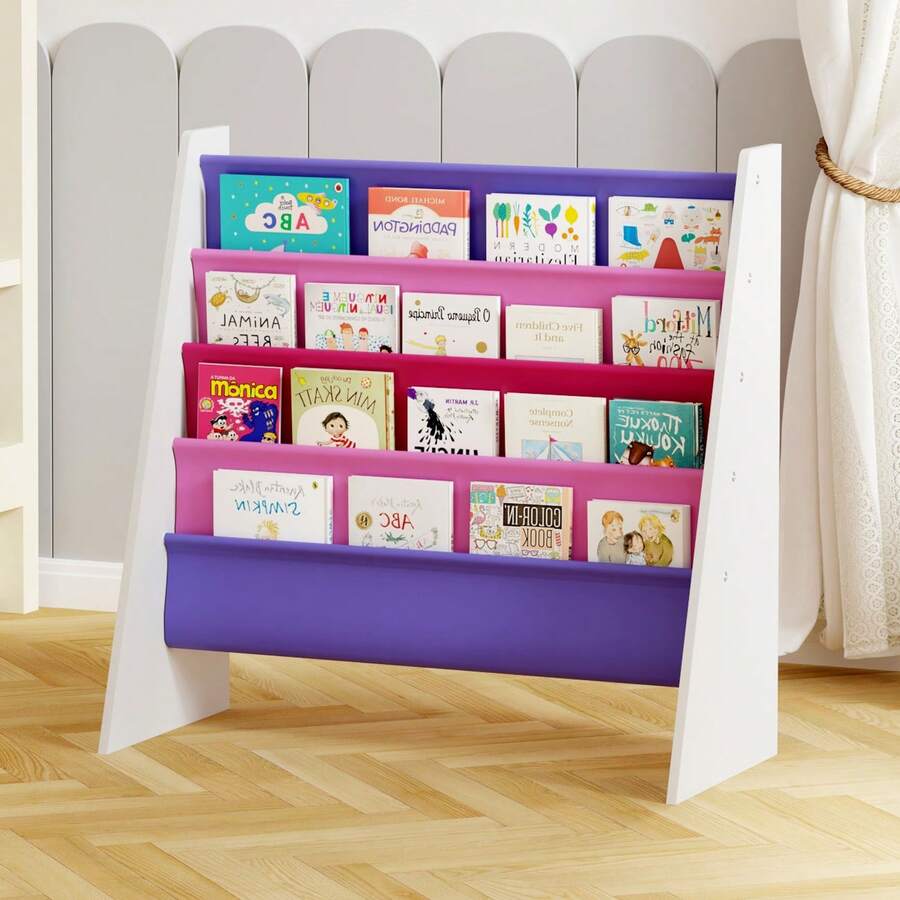 Sling Bookshelf For Kids, Childrens Bookcase For Kids Room, 4-Tier Toddler Book Shelf Organizer, Easy Access Child Book Storage Rack For Nursery - Pink+Purple - View 1