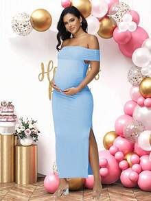 JustVH Maternity Mesh Off Shoulder Elegant Summer Sleeveless Dress For Baby Shower Photoshoot Spring Fall - Baby Blue - View 5