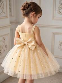 Young Girls Spaghetti Strap Faux Pearl Sequin Mesh Bow Elegant Dress Princess Gown Suitable For Girls Birthday Party Gift Banquet Evening Party Wedding Flower Girl Dress - Champagne - View 1