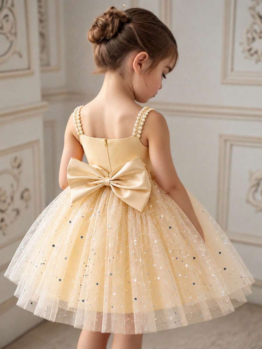 Young Girls Spaghetti Strap Faux Pearl Sequin Mesh Bow Elegant Dress Princess Gown Suitable For Girls Birthday Party Gift Banquet Evening Party Wedding Flower Girl Dress - Champagne - View 1