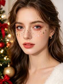 Christmas Theme Face Decoration Sticker Set With Tweezers, Self-Adhesive, Colorful Gradient Christmas Tree Pattern Face Stickers With Colorful Strip Hanging Decor And Heart Elements, Christmas Party, Portrait Photography, Holiday Party Face Makeup Tattoo Stickers - Multicolor - View 3