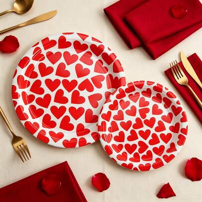 Red Heart Print Disposable Paper Plates Set, 24Pcs (12Pcs 9inch +12Pcs 7inch), Valentine's Day Party Tableware, Paper Plates For Wedding, Anniversary, Birthday Party, Picnic & Family Dinner Decor