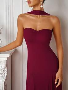 PARTHEA Elegant Burgundy Halter Tube Mesh Maxi Dress, Ruched Sweetheart Neck, Flared Hem Formal Party Evening Gown For Women - Red - View 3