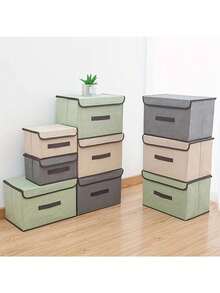 2/1pc Foldable Linen Storage Box With Handle And Lid, Stackable Fabric Storage Bin For Home Organization, Clothes And Toys Storage, For Bedroom Wardrobe, Collapsible For Space-Saving Storage When Not In Use, Breathable Linen Fabric, Dust-Proof, Protects Clothes And Items From Dust, Reinforced Built-In Handle For Easy Pulling And Moving From Shelves, Sturdy Structure, Multiple Boxes Can Be Stacked To Maximize Vertical Space In Wardrobe, Suitable For Storing Clothes, Underwear, Toys, Books And Various Items In Wardrobe And Bedroom - Beige - View 6