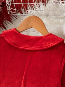Girls' Christmas Plush Solid Color Peter Pan Collar Button Front Half-Open Dress, Autumn/Winter - Red - View 5