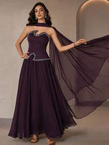 Elegant Women's Strapless Beaded Evening Gown, Asymmetrical Design, Perfect For Prom And Evening Events, 2 Pieces Set With Ribbon - Dark Purple - View 1